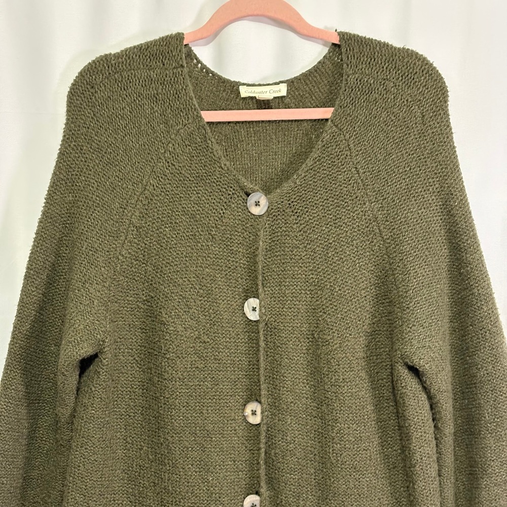 Coldwater Creek Olive Green Longline Cardigan Sweater Plus 1X Button Front Mossy - Picture 2 of 10
